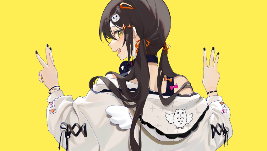 1girl absurdres bird_hair_ornament black_nails bracelet brown_hair commentary_request from_behind hair_ornament hair_ribbon hairclip hands_up headphones headphones_around_neck highres jacket jewelry long_hair long_sleeves looking_at_viewer looking_back mikanoisi open_mouth orange_ribbon original ribbon simple_background smile solo sparkle_hair_ornament teeth twintails upper_body upper_teeth white_jacket yellow_background yellow_eyes