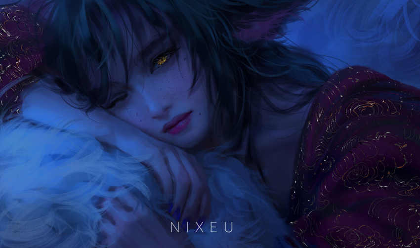 1girl ahri_(league_of_legends) alternate_costume animal_ear_fluff animal_ears artist_name bangs clothing_request collarbone commentary embroidery english_commentary eyebrows_visible_through_hair fox_ears fox_girl fox_tail freckles gold_trim green_eyes league_of_legends long_hair looking_at_viewer lying messy_hair mixed-language_commentary mole mole_under_eye mole_under_mouth multiple_tails nixeu on_side one_eye_closed purple_nails sidelocks solo tail vastaya yellow_eyes