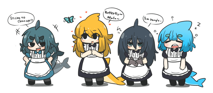 4girls alternate_costume apricot_(d-floe) apron black_eyes black_hair blonde_hair blue_hair borrowed_character bug butterfly closed_eyes english_text enmaided eyes_visible_through_hair fish_tail frilled_apron frills fuka-chan fukada_ichika hair_between_eyes highres maid maid_apron master_sgt_mine multiple_girls original shadow shark_girl shark_tail simple_background speech_bubble tail tail_wagging tori_(lemyawn) white_apron white_background zzz