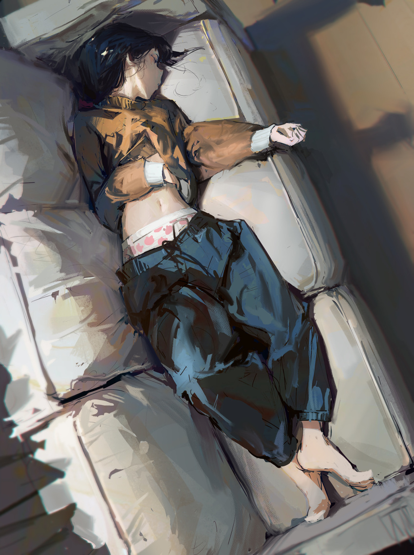 1girl barefoot black_hair blue_pants clothes_lift couch dino_(dinoartforame) from_above highres long_hair lying midriff navel original panties pants sleeping sweater sweater_lift underwear yellow_sweater