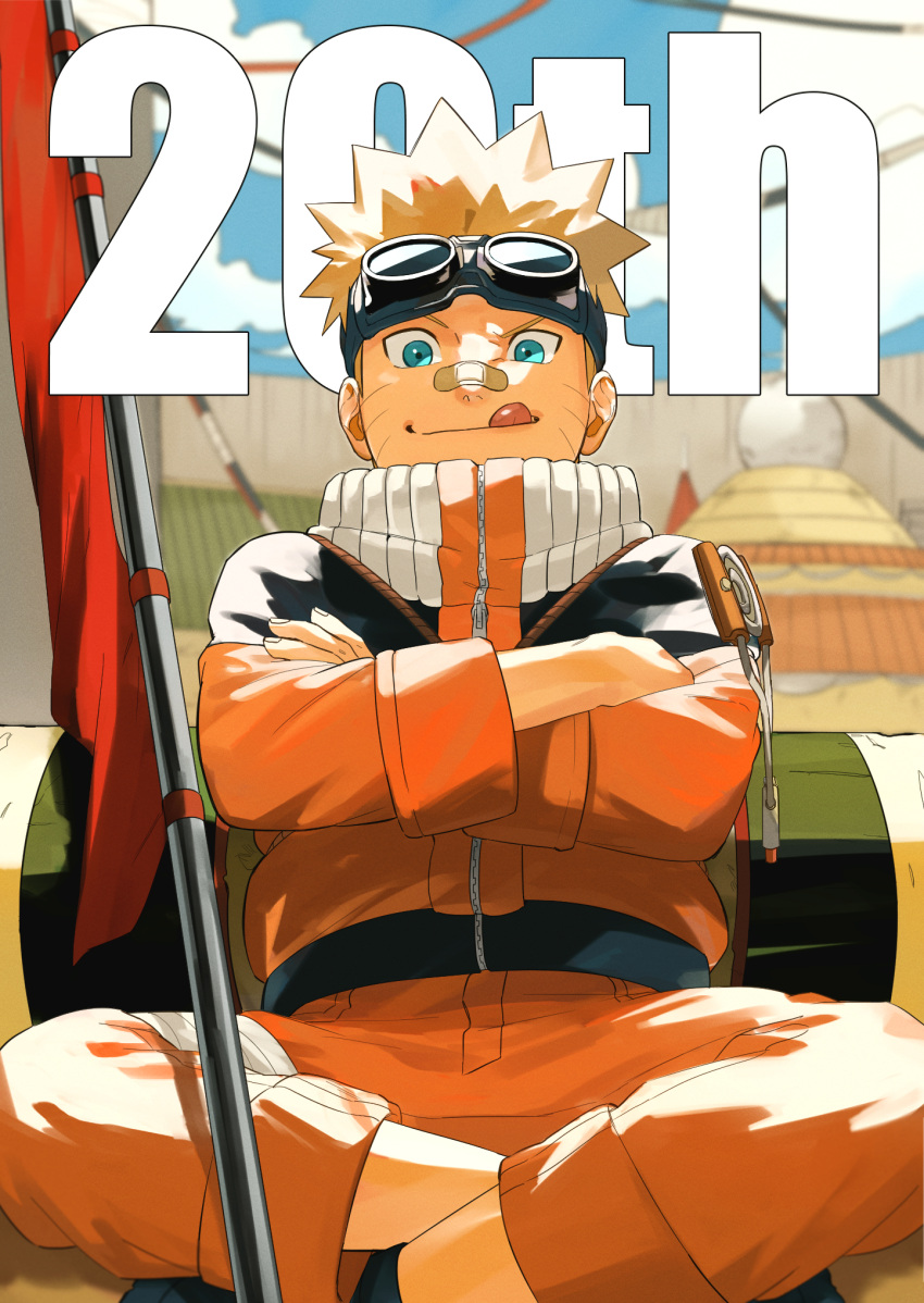 1boy bandaid bandaid_on_face blonde_hair blue_eyes blue_sky commentary_request crossed_arms day facial_mark goggles goggles_on_head highres looking_at_viewer male_focus mirin_(coene65) naruto naruto_(series) ninja short_hair sitting sky straight-on tongue tongue_out uzumaki_naruto whisker_markings