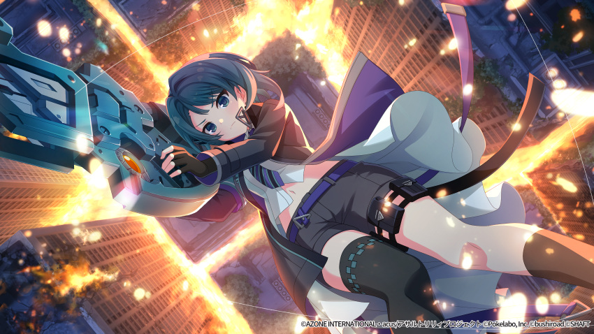 &gt;:( 1girl aiming aizawa_kazuha aqua_necktie armband artist_request assault_lily asymmetrical_legwear backlighting bangs belt belt_buckle black_gloves black_jacket black_legwear black_shorts blue_eyes blue_hair buckle building burning city closed_mouth crop_top embers evening eyebrows_visible_through_hair falling feet_out_of_frame fingerless_gloves fire from_above gloves hands_up highres holding holding_weapon jacket kneehighs looking_away midair midriff multicolored_necktie navel necktie official_art open_clothes open_jacket outdoors overgrown pouch purple_belt purple_necktie ruins serious shirt short_hair short_shorts shorts single_kneehigh single_thighhigh skyscraper solo stomach striped_necktie thigh-highs thigh_pouch two-sided_fabric two-sided_jacket uneven_legwear v-shaped_eyebrows waist_cape watermark weapon white_shirt