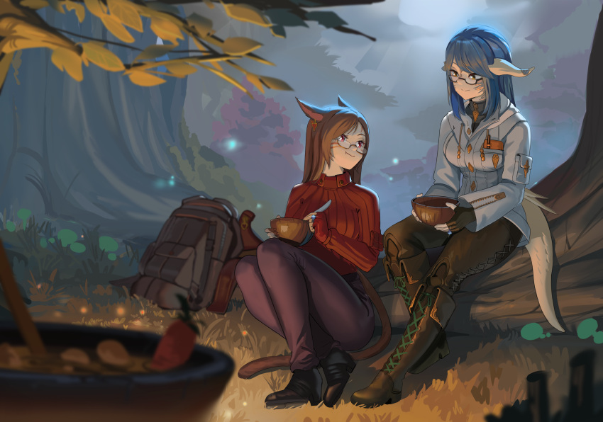 2girls absurdres aoshiseven au_ra backpack bag boots bowl carrot couple crossed_legs earrings final_fantasy final_fantasy_xiv food forest glasses highres horns jacket jewelry kalandria_karinael leaf miqo'te multiple_girls nature outdoors pants ring scales sitting tail tree vivian_yorshka wedding_ring