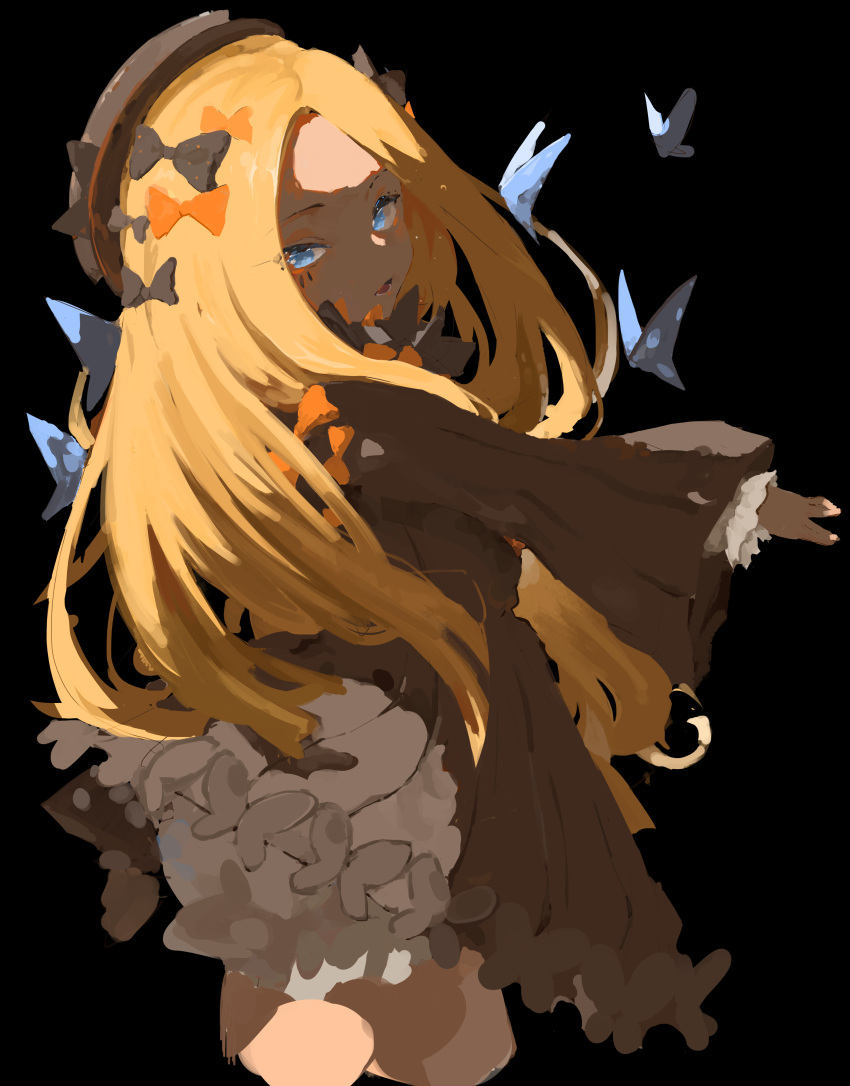 1girl abigail_williams_(fate) absurdres bangs black_background black_bow black_dress black_headwear blonde_hair bloomers blue_eyes blush bow breasts bug butterfly dress fate/grand_order fate_(series) forehead hair_bow hat highres long_hair long_sleeves looking_at_viewer miyco multiple_bows open_mouth orange_bow parted_bangs polka_dot polka_dot_bow ribbed_dress sleeves_past_fingers sleeves_past_wrists small_breasts thighs underwear white_bloomers