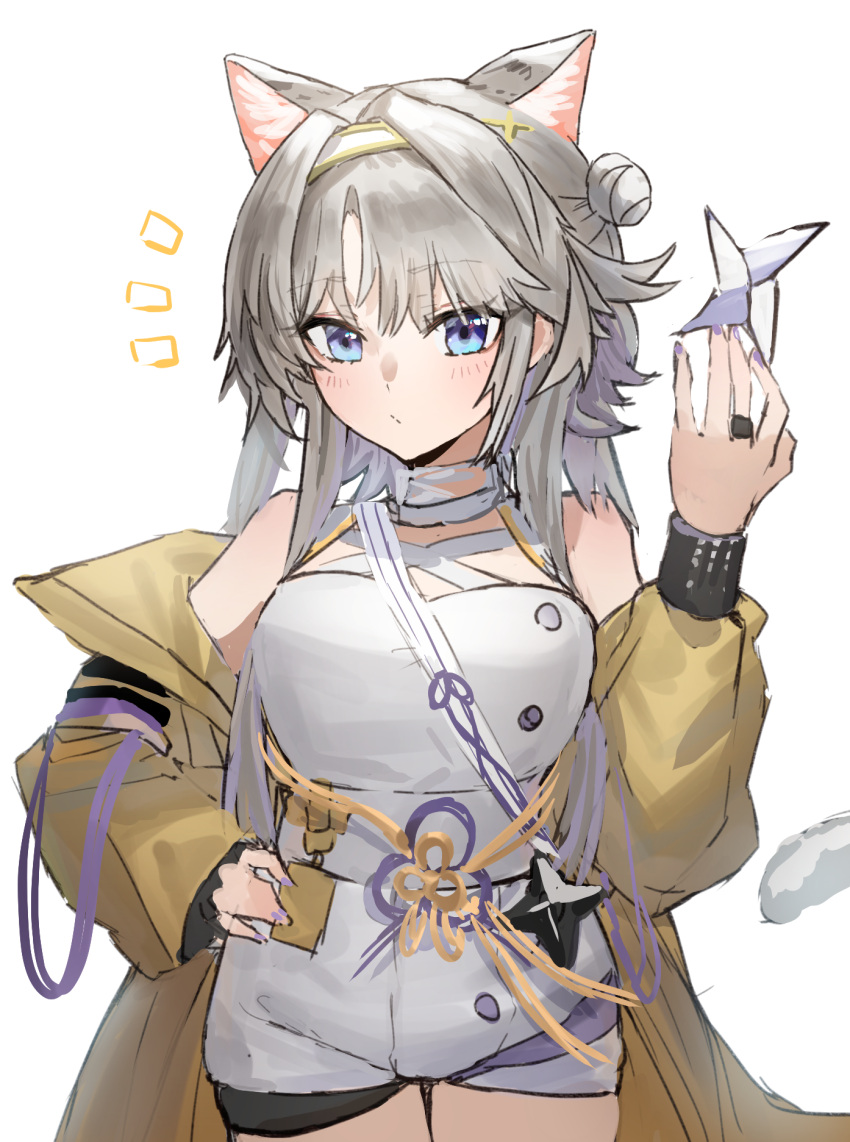 1girl animal_ear_fluff animal_ears arknights bare_shoulders blue_eyes blush breasts cat_ears cat_girl cat_tail closed_mouth coat cowboy_shot flower_knot hair_bun hairband hand_on_hip highres holding holding_weapon jewelry kazemaru_(arknights) leotard long_hair long_sleeves looking_at_viewer medium_breasts nail_polish notice_lines off_shoulder open_clothes open_coat purple_nails raw_egg_lent ribbon ring shuriken side_bun silver_hair simple_background solo tail very_long_hair weapon white_background white_hairband white_leotard yellow_coat yellow_ribbon