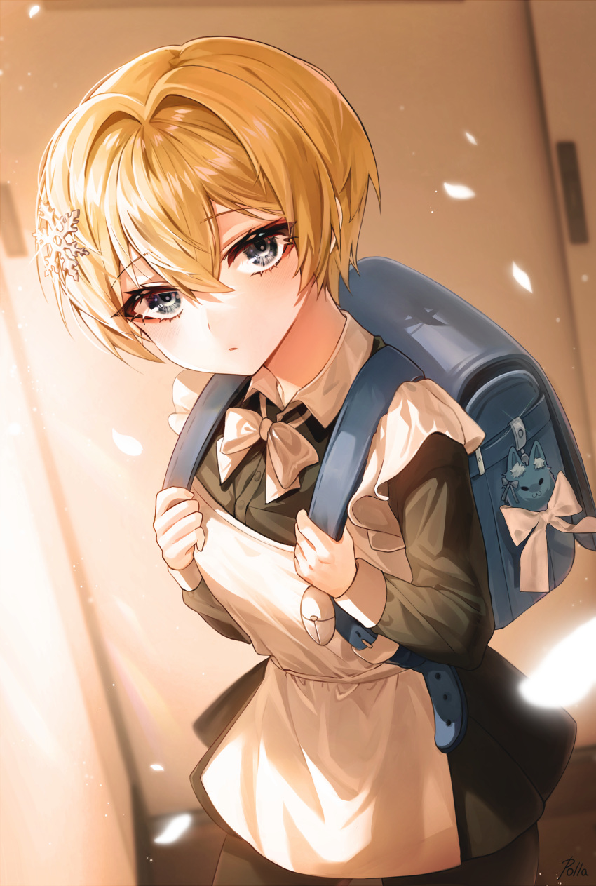 1girl absurdres backpack bag bangs black_dress black_legwear blonde_hair blue_eyes bow bowtie breasts charm_(object) closed_mouth collared_dress commentary_request cowboy_shot dress eyebrows_visible_through_hair girls_frontline glint hair_between_eyes hair_intakes hair_ornament highres holding_strap indoors long_sleeves looking_at_viewer medium_breasts pantyhose polla randoseru russian_clothes short_hair sidelocks signature snowflake_hair_ornament solo standing vsk-94_(girls'_frontline) white_bow white_bowtie younger