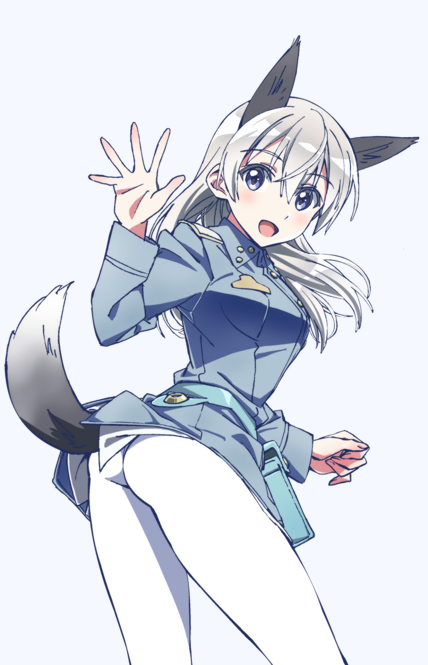 1girl absurdres animal_ears ass bangs belt blue_belt blue_eyes blue_jacket commentary eila_ilmatar_juutilainen eyebrows_visible_through_hair fox_ears fox_tail from_side grey_background highres jacket kogarashi51 leaning_forward long_hair long_sleeves looking_at_viewer looking_back military military_uniform multiple_girls no_pants open_mouth pantyhose pouch silver_hair simple_background smile solo standing strike_witches tail uniform waving white_legwear world_witches_series