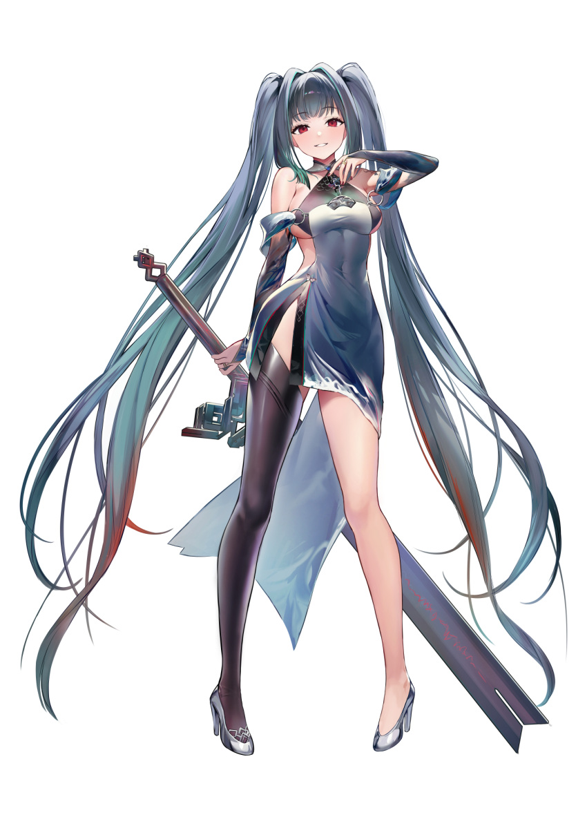 1girl bare_shoulders black_dress blush breasts bridal_gauntlets brown_legwear copyright_request covered_navel dress fingernails full_body gradient_hair green_hair grey_footwear grey_hair hand_on_own_chest high_heels highres holding holding_sword holding_weapon hoojiro huge_weapon long_hair looking_at_viewer medium_breasts multicolored_hair nail_polish pigeon-toed red_eyes red_nails short_dress side_slit simple_background single_thighhigh smile solo sword thigh-highs very_long_hair weapon white_background
