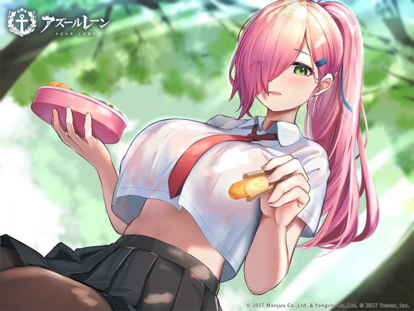 1girl artist_request azur_lane bento black_skirt breasts brown_legwear chopsticks collared_shirt crop_top crop_top_overhang eyes_visible_through_hair green_eyes hair_ornament hair_over_one_eye hairclip high-waist_skirt highres holding large_breasts long_hair looking_at_viewer midriff miniskirt necktie official_alternate_costume official_art omelet open_mouth pantyhose pink_hair pleated_skirt ponytail school_uniform see-through shirt short_sleeves skirt smile solo tamagoyaki trieste_(azur_lane) trieste_(rooftop_lunch_break)_(azur_lane) white_shirt