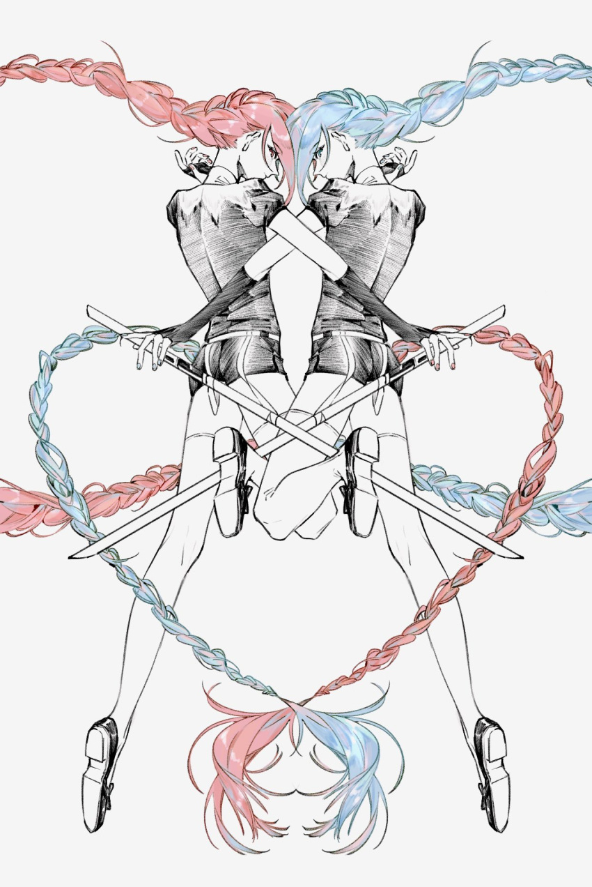 2others absurdly_long_hair aquamarine_(houseki_no_kuni) belt blue_eyes blue_hair blue_nails braid braided_ponytail character_request check_character commentary_request face-to-face fingerless_gloves from_behind full_body gem_uniform_(houseki_no_kuni) gloves hand_up highres holding holding_sword holding_weapon houseki_no_kuni leg_up long_hair looking_at_viewer looking_back morganite_(houseki_no_kuni) multiple_others other_focus partially_colored plantar_flexion profile red_eyes red_nails redhead shiorondo shoe_soles short_sleeves shorts siblings simple_background single_braid sword symmetrical_pose thigh-highs twins very_long_hair weapon