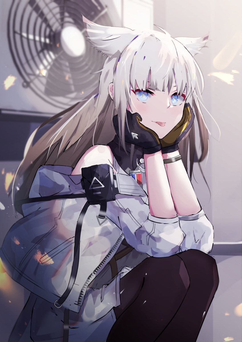 1girl :p absurdres animal_ear_fluff arknights arknights:_endfield bangs bare_shoulders black_gloves black_legwear blue_eyes blunt_bangs blush bracelet brown_hair c4t_(c4t004) dress electric_fan eyebrows_behind_hair feet_out_of_frame gloves gradient_hair hands_on_own_cheeks hands_on_own_face highres indoors jacket jewelry long_hair long_sleeves multicolored_hair off_shoulder open_clothes open_jacket pantyhose perlica_(arknights) silver_hair sitting solo tongue tongue_out two-tone_gloves unzipped white_dress white_jacket yellow_gloves