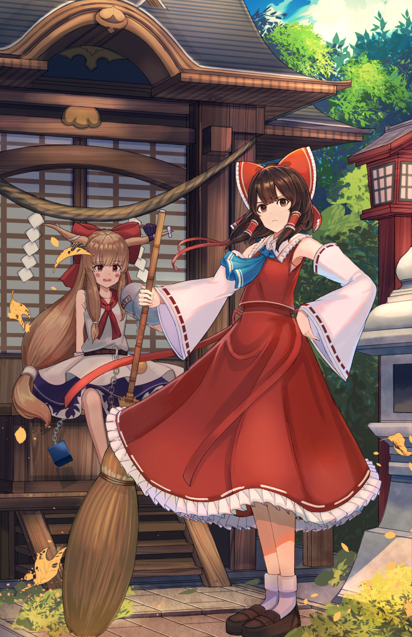 2girls :&lt; akainoda architecture arm_at_side ascot blonde_hair blue_ascot blush_stickers bow broom brown_eyes brown_footwear brown_hair building chain closed_mouth clouds commentary detached_sleeves east_asian_architecture eyebrows_visible_through_hair falling_leaves frilled_bow frilled_hair_tubes frilled_skirt frills full_body gourd hair_bow hair_tubes hakurei_reimu highres holding holding_broom horn_ornament horn_ribbon horns ibuki_suika lantern leaf long_hair long_sleeves looking_at_object looking_at_viewer low_ponytail medium_hair multiple_girls neckerchief onbashira oni_horns open_mouth outdoors purple_ribbon purple_skirt red_bow red_neckerchief red_skirt red_vest ribbon ribbon-trimmed_sleeves ribbon_trim shide shirt shoes shrine sidelocks skirt skirt_set sky sleeveless sleeveless_shirt sliding_doors socks stone_lantern teeth touhou tree upper_teeth very_long_hair vest white_legwear white_shirt white_sleeves wide_sleeves wooden_lantern wrist_cuffs