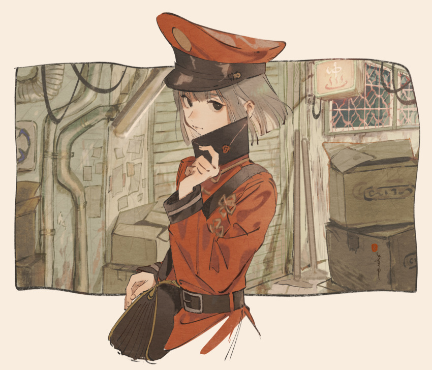 1girl bag belt box brown_background brown_eyes brown_hair cardboard_box closed_mouth commentary_request hat highres jacket long_sleeves looking_at_viewer military_hat mop original outdoors p-suke pipes red_jacket redhead short_hair shoulder_bag solo upper_body