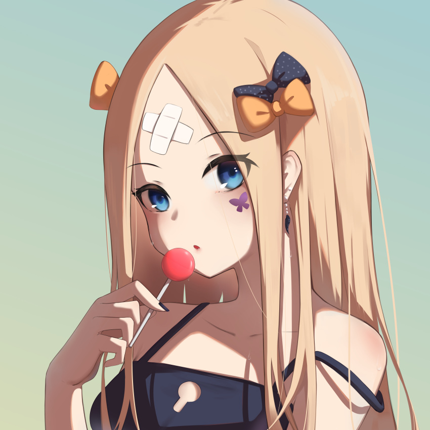 1girl abigail_williams_(fate) absurdres bangs bare_shoulders black_bow black_camisole blonde_hair blue_eyes blush bow breasts camisole candy collarbone earrings fate/grand_order fate_(series) food forehead hair_bow highres jewelry lollipop long_hair looking_at_viewer multiple_bows open_mouth orange_bow parted_bangs polka_dot polka_dot_bow small_breasts solo weiwu_ling_suzu
