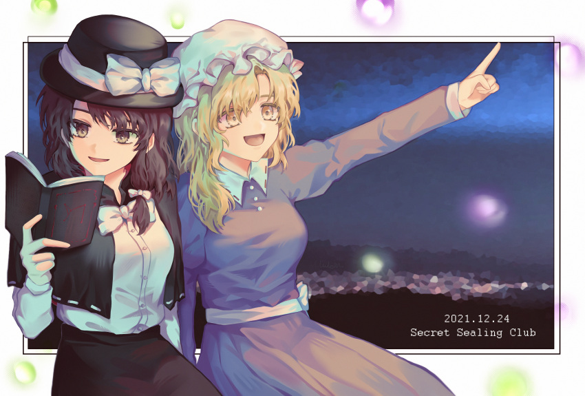 2girls :d absurdres black_capelet black_headwear black_skirt blonde_hair book bow bowtie brown_eyes brown_hair buttons capelet dated dress eyebrows_behind_hair fedora hair_bow hand_up hat hat_bow highres holding holding_book long_hair long_sleeves looking_afar maribel_hearn mob_cap multiple_girls open_book open_mouth pointing purple_dress reading shirt shoulder-to-shoulder skirt sleeve_cuffs smile symbol-only_commentary tongue touhou upper_body usami_renko white_bow white_bowtie white_headwear white_shirt yasei_akazome yellow_eyes