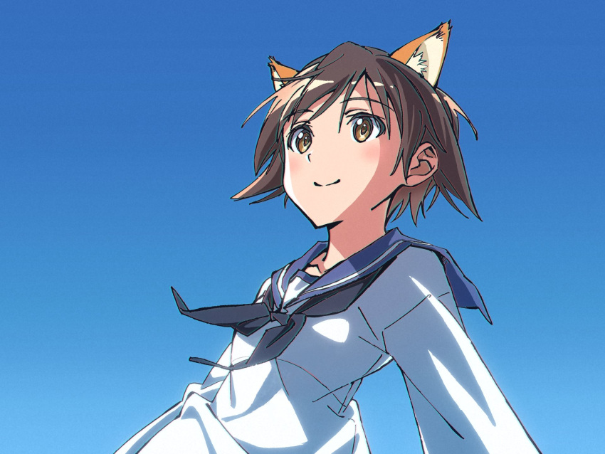 1girl animal_ears bangs black_neckwear blouse blue_sailor_collar blue_sky brown_eyes brown_hair clear_sky closed_mouth commentary day dog_ears hair_flaps highres kogarashi51 long_sleeves looking_to_the_side miyafuji_yoshika outdoors revision sailor_collar short_hair sky smile solo strike_witches white_blouse world_witches_series
