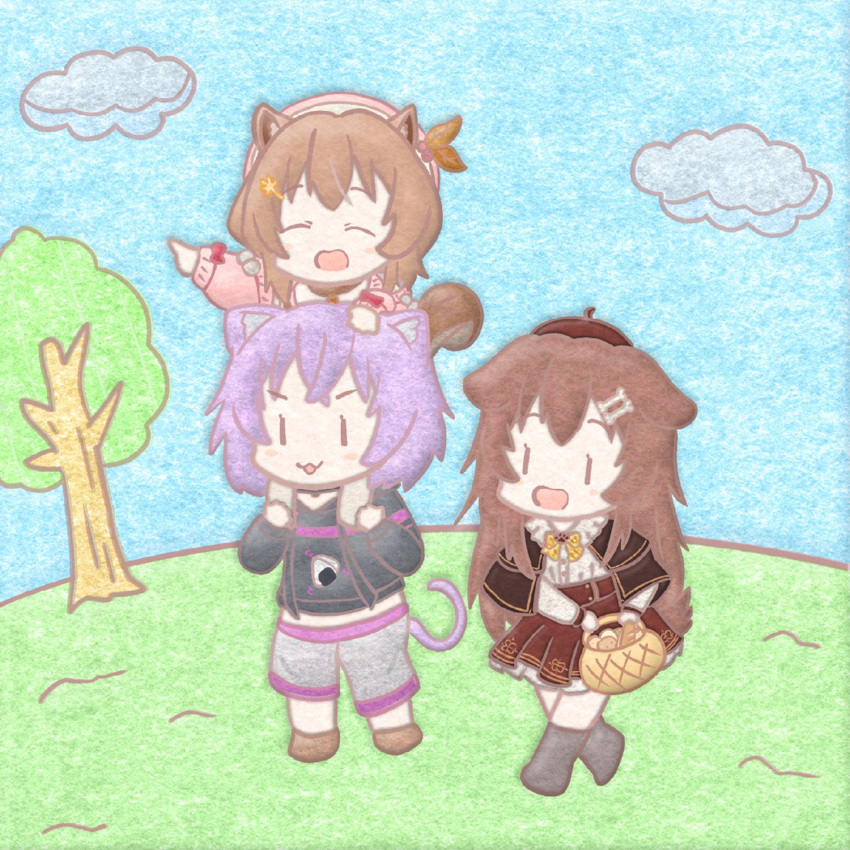 3girls acrylic_paint_(medium) animal_ears aoe ayunda_risu bangs basket beret blue_sky blush_stickers bone_hair_ornament bread brown_hair cat_ears cat_girl cat_tail chibi closed_eyes clouds commentary_request dog_ears dog_girl dog_tail food grass hair_ornament happy hat highres holding holding_basket hololive hololive_indonesia inugami_korone midriff multiple_girls nekomata_okayu open_mouth painting_(medium) parent_and_child purple_hair shorts skirt sky smile squirrel_ears squirrel_girl squirrel_tail tail traditional_media tree virtual_youtuber