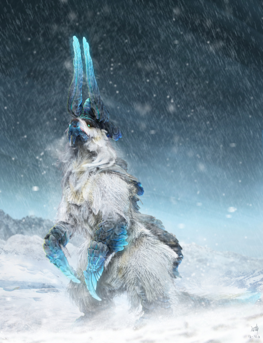 327564857 3d aqua_eyes blizzard blurry commentary_request dated highres horns looking_up monster no_humans original outdoors signature snow snowflakes standing