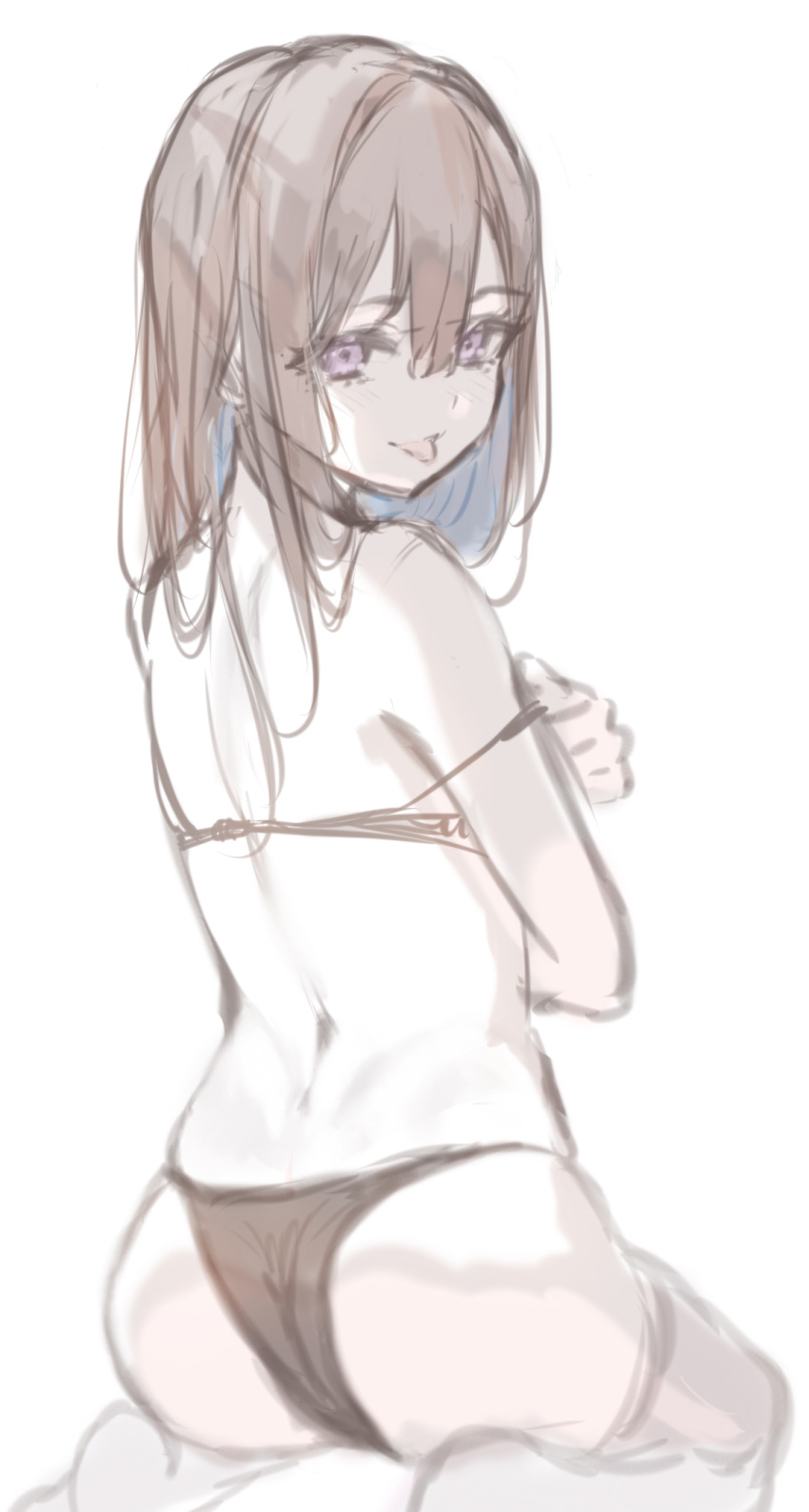 1girl :p ass bangs bare_shoulders bikini black_bikini blush brown_hair closed_mouth eyebrows_visible_through_hair from_behind hair_between_eyes highres icehotmilktea long_hair looking_at_viewer looking_back original pulled_by_self seiza simple_background sitting sketch smile solo strap_pull swimsuit tongue tongue_out violet_eyes white_background