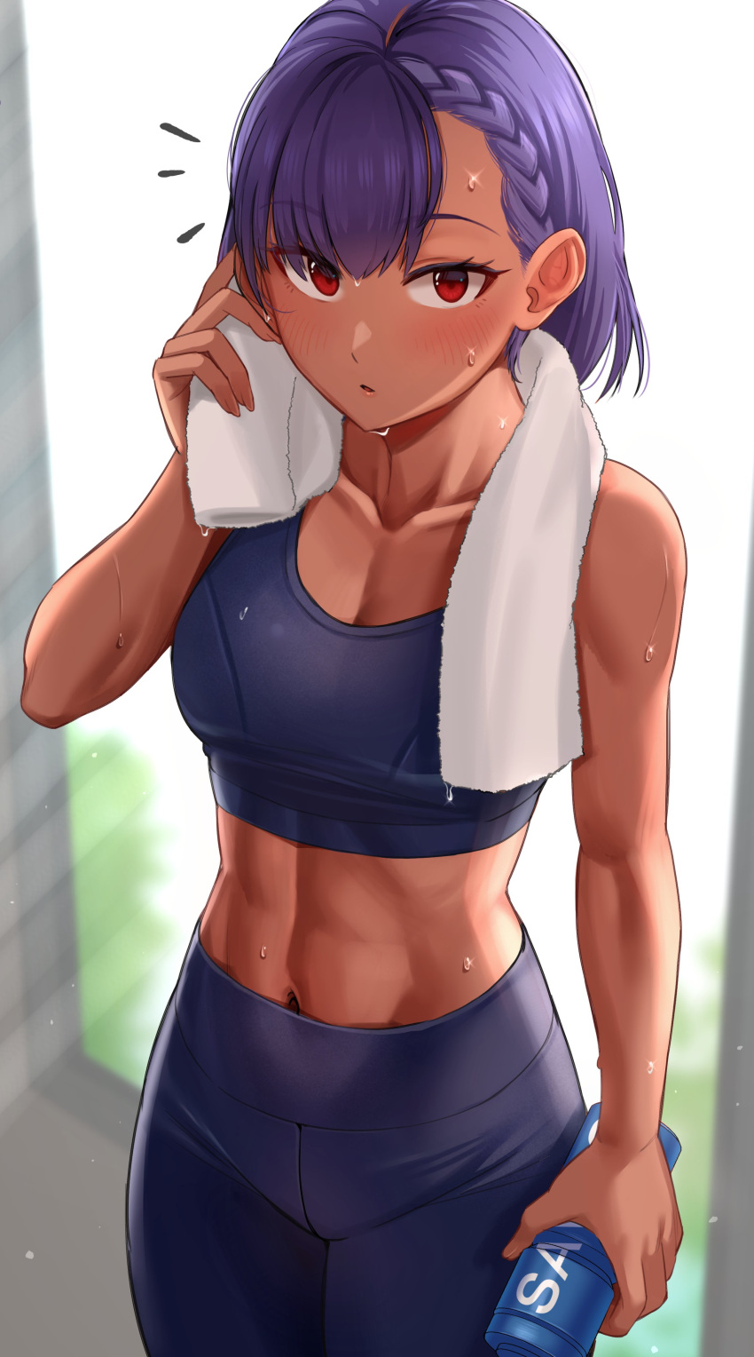 1girl absurdres blush bottle braid breasts collarbone commentary_request cowboy_shot dark-skinned_female dark_skin eyebrows_visible_through_hair highres holding holding_bottle looking_at_viewer navel original purple_hair red_eyes short_hair solo sports_bra sweat toin_(koto54576897) toned towel water_bottle