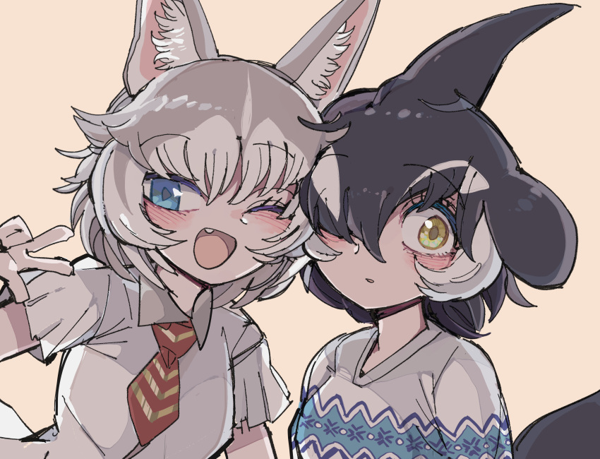 2girls ;d absurdres animal_ear_fluff animal_ears black_hair blue_eyes blush cheek-to-cheek collared_shirt dog_(mixed_breed)_(kemono_friends) dog_ears dorsal_fin eyebrows_visible_through_hair gloves grey_hair hair_over_one_eye hand_up head_fins heads_together highres kanmoku-san kemono_friends long_bangs looking_at_viewer medium_hair multicolored_hair multiple_girls necktie one_eye_closed open_mouth orca_(kemono_friends) parted_lips shirt short_sleeves simple_background smile sweater two-tone_hair upper_body v yellow_eyes