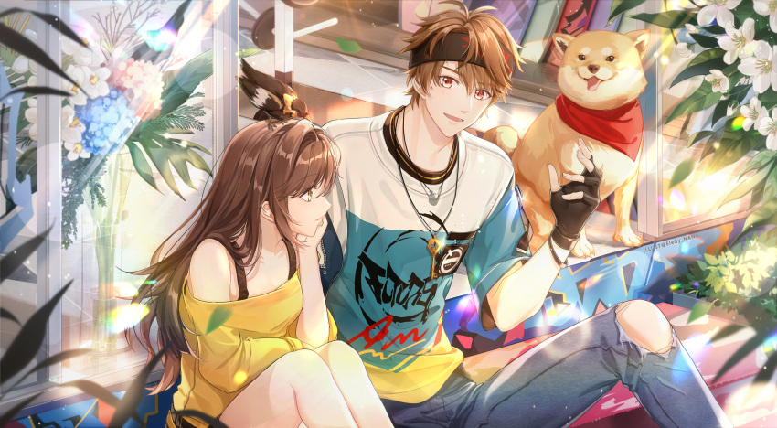 1boy 1girl :d animal bangs bare_shoulders bird black_gloves blue_pants brown_eyes brown_hair casual closed_mouth dog fingerless_gloves gloves green_eyes hand_on_own_cheek hand_on_own_face highres jewelry key long_hair luke_pearce_(tears_of_themis) nana895 necklace off_shoulder open_mouth outdoors pants red_scarf rosa_(tears_of_themis) scarf shiba_inu shirt short_hair short_sleeves sitting smile tears_of_themis torn_clothes torn_pants yellow_shirt