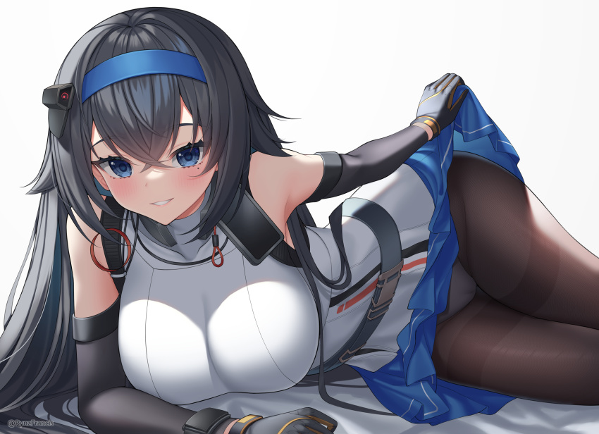 1girl absurdres bangs bare_shoulders black_gloves black_hair black_legwear blue_eyes blue_hairband blue_skirt blush breasts crossed_bangs elbow_gloves girls_frontline gloves hairband highres large_breasts looking_at_viewer lying mole mole_under_eye on_side pantyhose parted_lips rynzfrancis simple_background skirt smile solo super_sass_(girls'_frontline) white_background