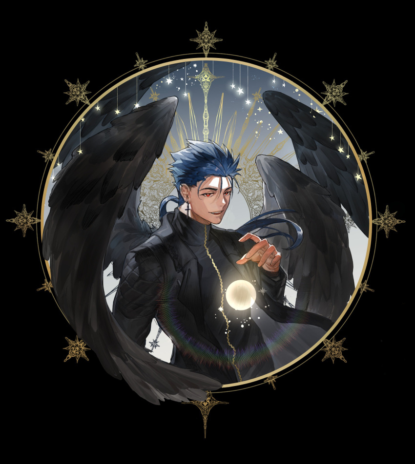 1boy absurdres alternate_costume bk_(aaide114) black_feathers black_jacket black_wings blue_hair cross cross_earrings cu_chulainn_(fate) cu_chulainn_(fate/stay_night) earrings fate/extella fate/extella_link fate/extra fate/grand_order fate/hollow_ataraxia fate/stay_night fate_(series) feathered_wings feathers hexagram highres jacket jewelry korean_commentary light light_particles long_hair long_sleeves male_focus open_mouth ponytail red_eyes smile solo star_(symbol) star_of_david teeth upper_body wings