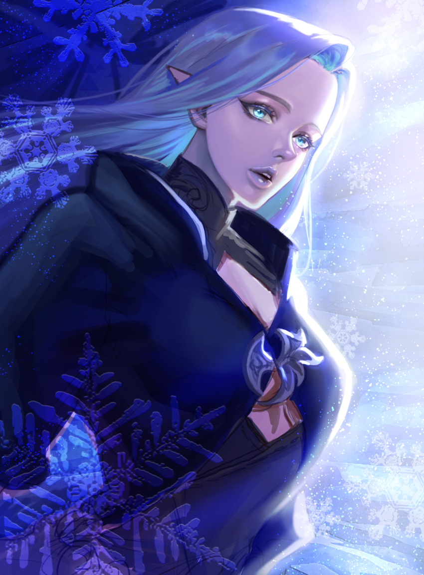 1girl blue_eyes blue_hair breasts commentary_request eyebrows eyelashes final_fantasy final_fantasy_xiv forehead highres long_hair looking_at_viewer on_(isk1812) original pale_skin parted_lips pointy_ears pointy_nose shadow shiva_(final_fantasy) snowflakes solo teeth upper_teeth