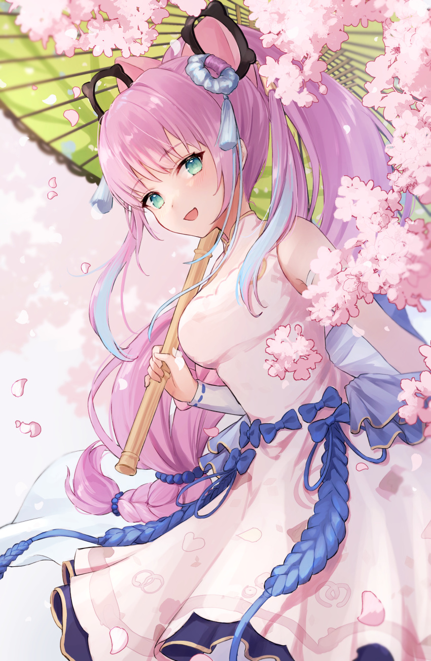 1girl absurdres alternate_costume another_eden bangs blue_bow bow breasts cherry_blossoms clothing_request commentary cowboy_shot detached_sleeves dress eyebrows_visible_through_hair green_eyes hair_ornament highres holding holding_umbrella light_blue_hair long_hair looking_at_viewer medium_breasts multicolored_hair myunfa_(another_eden) official_alternate_costume oil-paper_umbrella pink_hair ponytail shano_hiyori sidelocks smile solo streaked_hair umbrella very_long_hair white_dress white_sleeves