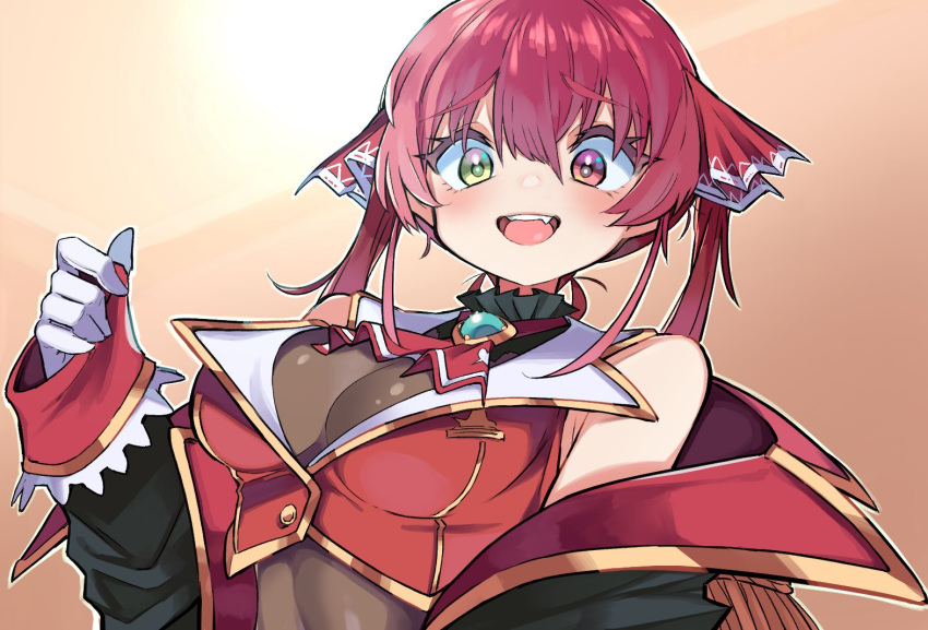 1girl ascot black_eyepatch breasts eyepatch hair_ribbon heterochromia hololive houshou_marine hyou_(hyouga617) large_breasts leotard leotard_under_clothes long_hair pirate red_ascot red_eyes red_ribbon redhead ribbon solo twintails virtual_youtuber yellow_eyes