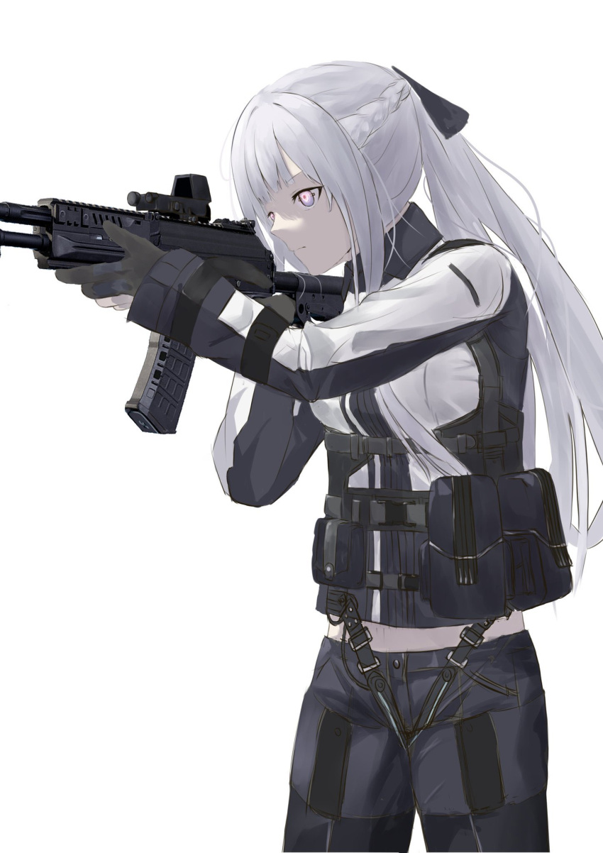 1girl ak-12 ak-12_(girls'_frontline) ammunition_pouch assault_rifle bangs black_gloves black_pants braid breasts closed_mouth eyebrows_visible_through_hair feet_out_of_frame girls_frontline gloves gun hair_ribbon highres holding holding_gun holding_weapon kalashnikov_rifle long_hair looking_away pants partially_fingerless_gloves ponytail pouch ribbon rifle side_braid silver_hair solo standing tactical_clothes violet_eyes weapon wh1te white_background
