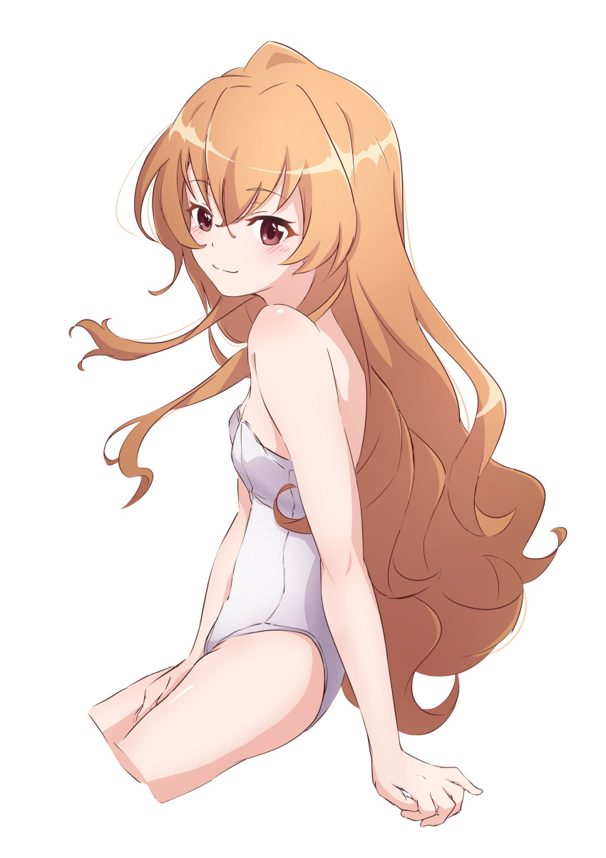 1girl absurdres aisaka_taiga arm_support bangs between_legs brown_eyes brown_hair commentary_request cropped_legs crossed_bangs eyebrows_visible_through_hair from_side hand_between_legs highres leotard light_blush long_hair nijizuki_shino simple_background smile solo toradora! white_background white_leotard