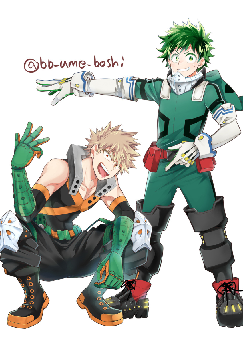 2boys bakugou_katsuki bare_shoulders blonde_hair bodysuit boku_no_hero_academia boots explosive freckles gloves green_bodysuit green_eyes green_gloves green_hair grenade grin highres hood hood_down looking_at_viewer male_focus mask mask_removed midoriya_izuku multiple_boys open_mouth pectorals red_eyes simple_background smile spiky_hair squatting tongue tongue_out twitter_username ume_(326310) v-shaped_eyebrows white_background white_gloves