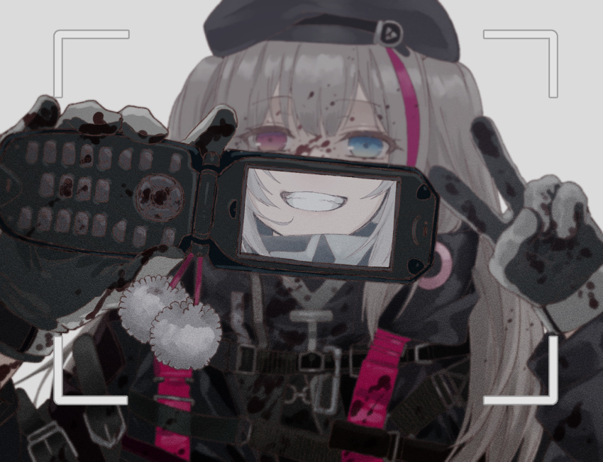 1girl bangs beret black_headwear black_jacket blood blood_on_clothes blood_on_face blue_eyes cellphone commentary eyebrows_visible_through_hair girls_frontline gloves grey_background hat heterochromia holding holding_phone jacket md5_mismatch mdr_(girls'_frontline) multicolored_hair phone pink_hair rabb_horn silver_hair smile streaked_hair upper_body