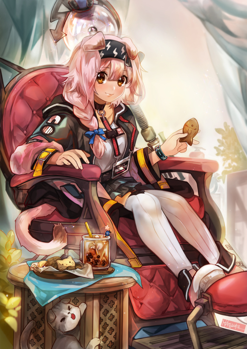 &gt;_&lt; 1girl absurdres animal animal_ears arknights armchair bangs black_jacket black_skirt blue_bow boots bow braid breasts brown_eyes cat cat_ears cat_girl cat_tail chair closed_eyes closed_mouth collarbone commentary cookie drink drinking_straw eyebrows_visible_through_hair food goldenglow_(arknights) hair_between_eyes hair_bow hair_over_shoulder highres holding holding_food jacket long_hair long_sleeves looking_at_viewer on_chair open_clothes open_jacket orb pink_footwear pink_hair ribbed_legwear sanktkaisersavia shirt single_braid sitting skirt small_breasts smile solo staff tail thigh-highs thighhighs_under_boots white_legwear white_shirt