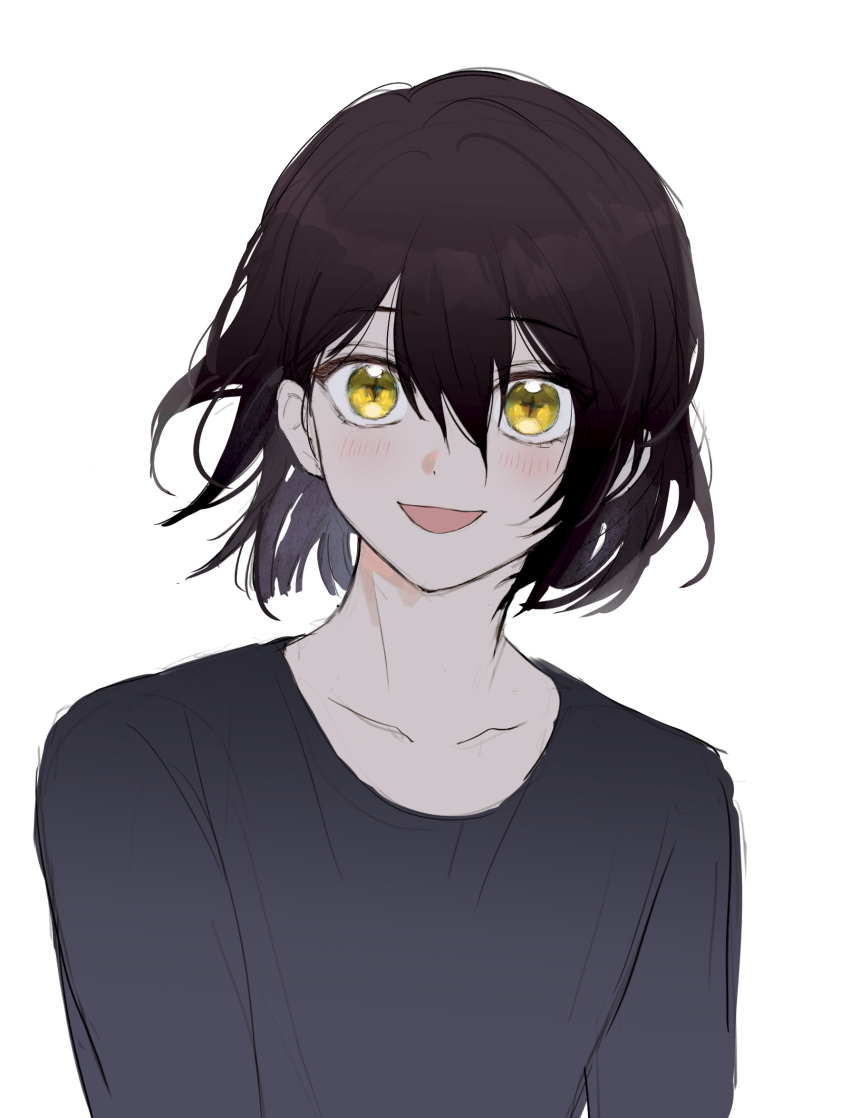 1boy :d bangs black_hair black_shirt character_request hair_between_eyes highres laoyepo looking_at_viewer medium_hair open_mouth shirt simple_background sketch smile solo tears_of_themis white_background yellow_eyes