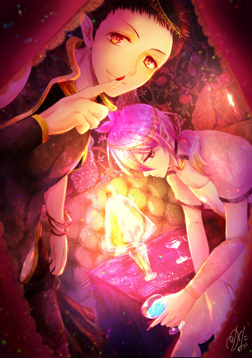 2boys andro_m._jazz asmodeus_alice black_hair booth_seating bracelet cup curtains hand_up highres holding holding_cup ichika392 index_finger_raised indoors jewelry looking_at_viewer mairimashita!_iruma-kun male_focus multiple_boys orange_eyes pink_hair pointy_ears red_nails short_sleeves sitting table