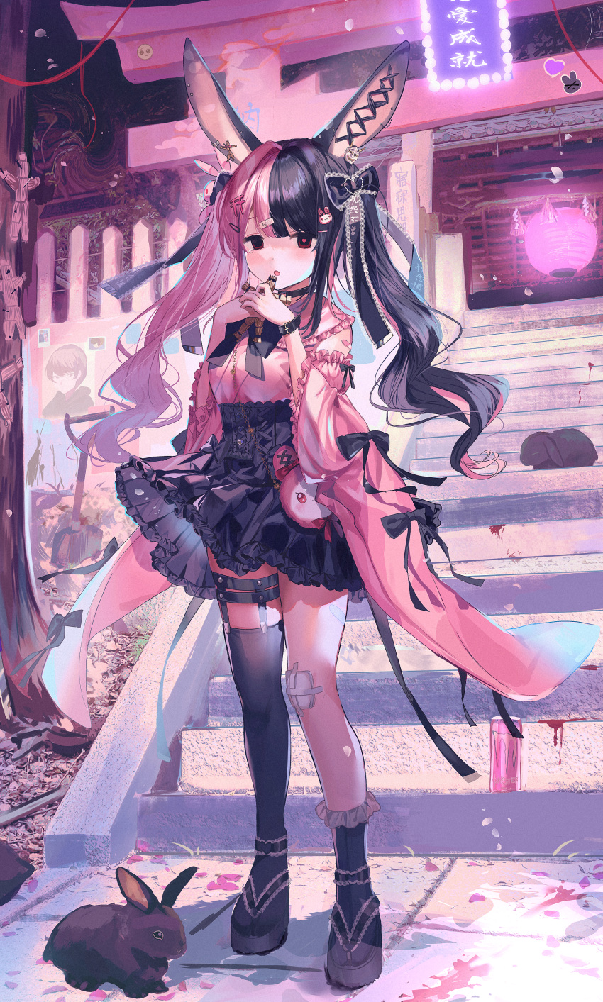 1girl :o absurdres animal_ears bangs black_bow black_bowtie black_choker black_hair black_legwear black_skirt blush bow bowtie bunny_hair_ornament choker detached_sleeves doll frilled_shirt_collar frilled_skirt frilled_sleeves frills full_body garters hair_bow hair_ornament high-waist_skirt highres holding holding_doll lolita_fashion long_hair long_sleeves looking_at_viewer multicolored_hair original outdoors parted_lips pink_hair pink_shirt rabbit rabbit_ears red_eyes sandals shirt single_sock single_thighhigh skirt socks solo split-color_hair standing thigh-highs twintails two-tone_hair very_long_hair wa_lolita y_o_u_k_a