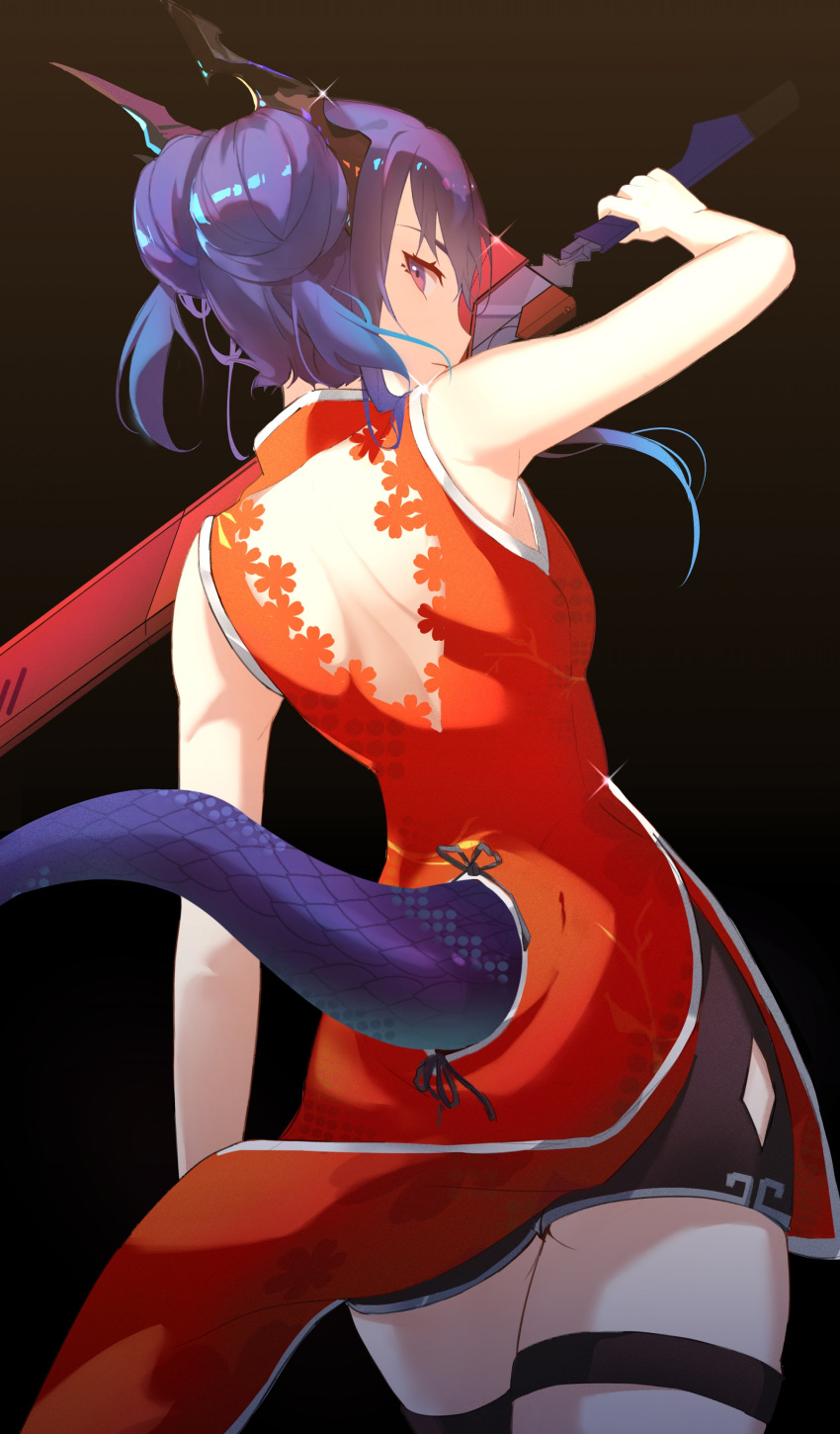 1girl absurdres arknights ass backboob backless_dress backless_outfit black_background blue_hair breasts ch'en_(ageless_afterglow)_(arknights) ch'en_(arknights) china_dress chinese_clothes closed_mouth commentary cowboy_shot double_bun dragon_girl dragon_horns dragon_tail dress expressionless from_behind hair_bun highres holding holding_sword holding_weapon horns looking_at_viewer looking_back medium_breasts medium_hair official_alternate_costume red_dress reiji001 short_shorts shorts shorts_under_dress side_slit simple_background sleeveless sleeveless_dress solo standing sword tail tail_through_clothes thigh_strap thighs violet_eyes weapon