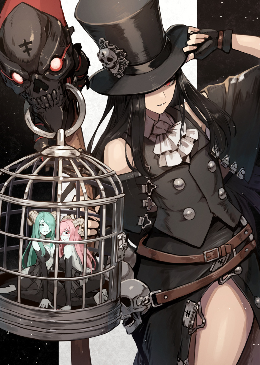 1other androgynous asymmetrical_wings bare_shoulders belt black_hair black_headwear cage choker fingerless_gloves gloves guilty_gear guilty_gear_strive hat highres holding kuroi_susumu long_hair looking_at_viewer midriff red_eyes scythe skirt skull smile succubus_familiar testament_(guilty_gear) top_hat wings