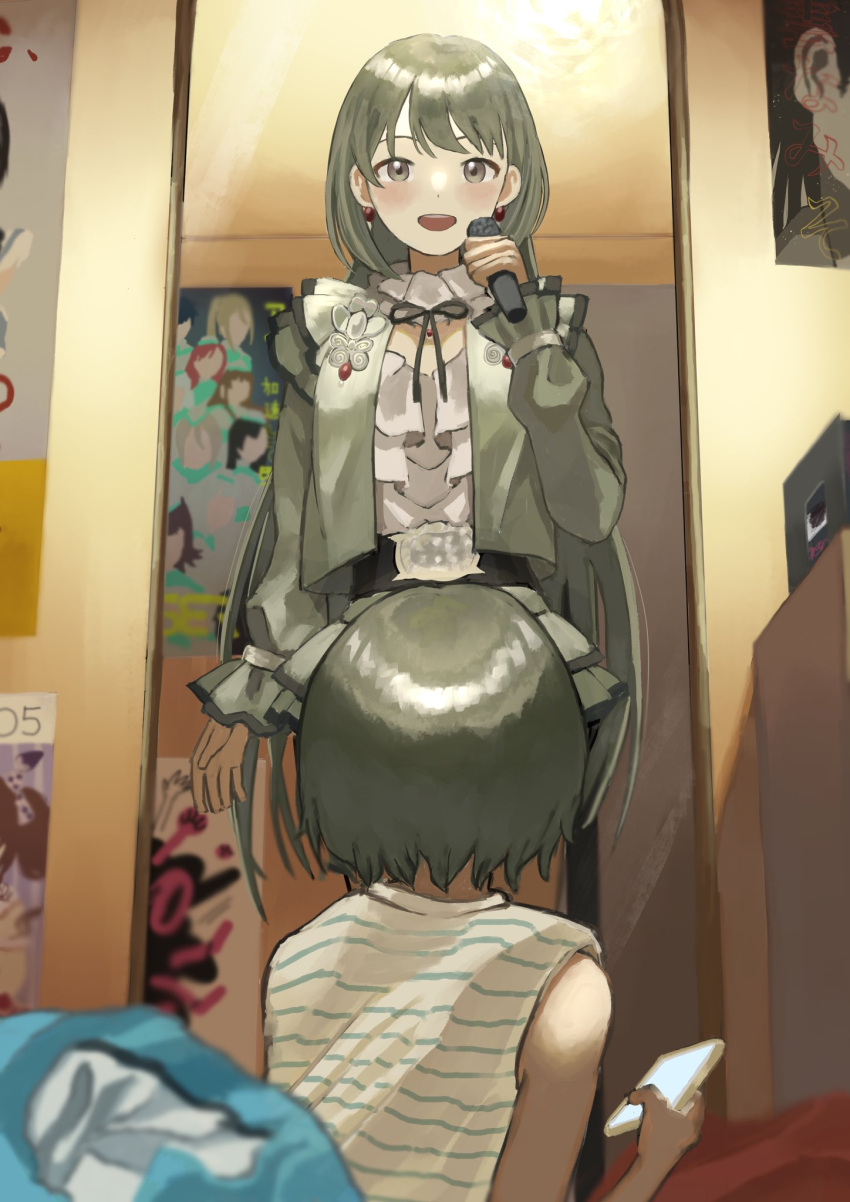 1_kozin bangs belt blush bow bowtie cellphone cleavage_cutout clothing_cutout commentary dual_persona earrings eyebrows frilled_jacket frilled_shirt frills full-length_mirror green_eyes green_hair green_jacket highres holding holding_microphone holding_phone idolmaster idolmaster_shiny_colors indoors jacket jewelry long_hair long_sleeves microphone mirror nanakusa_nichika phone poster_(object) shirt short_sleeves smartphone smile striped striped_shirt teeth upper_teeth white_shirt younger