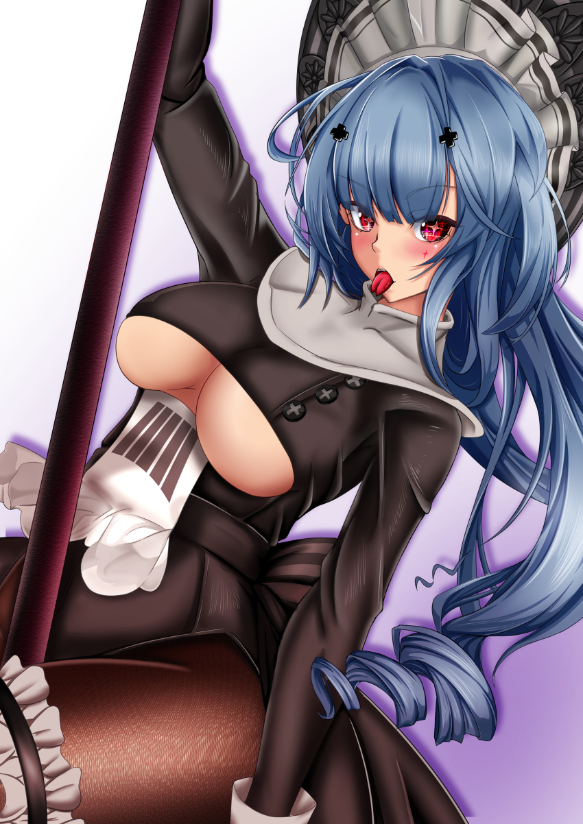 +_+ 1girl absurdres azur_lane black_dress blue_hair breasts brown_legwear card clothing_cutout dress forked_tongue gan-metal gradient gradient_background highres holding holding_pole large_breasts long_hair looking_at_viewer marco_polo_(azur_lane) marco_polo_(the_queen_of_hearts)_(azur_lane) official_alternate_costume pantyhose playing_card pole pole_dancing purple_background red_eyes simple_background solo stripper_pole tongue tongue_out under_boob underboob_cutout very_long_hair white_background