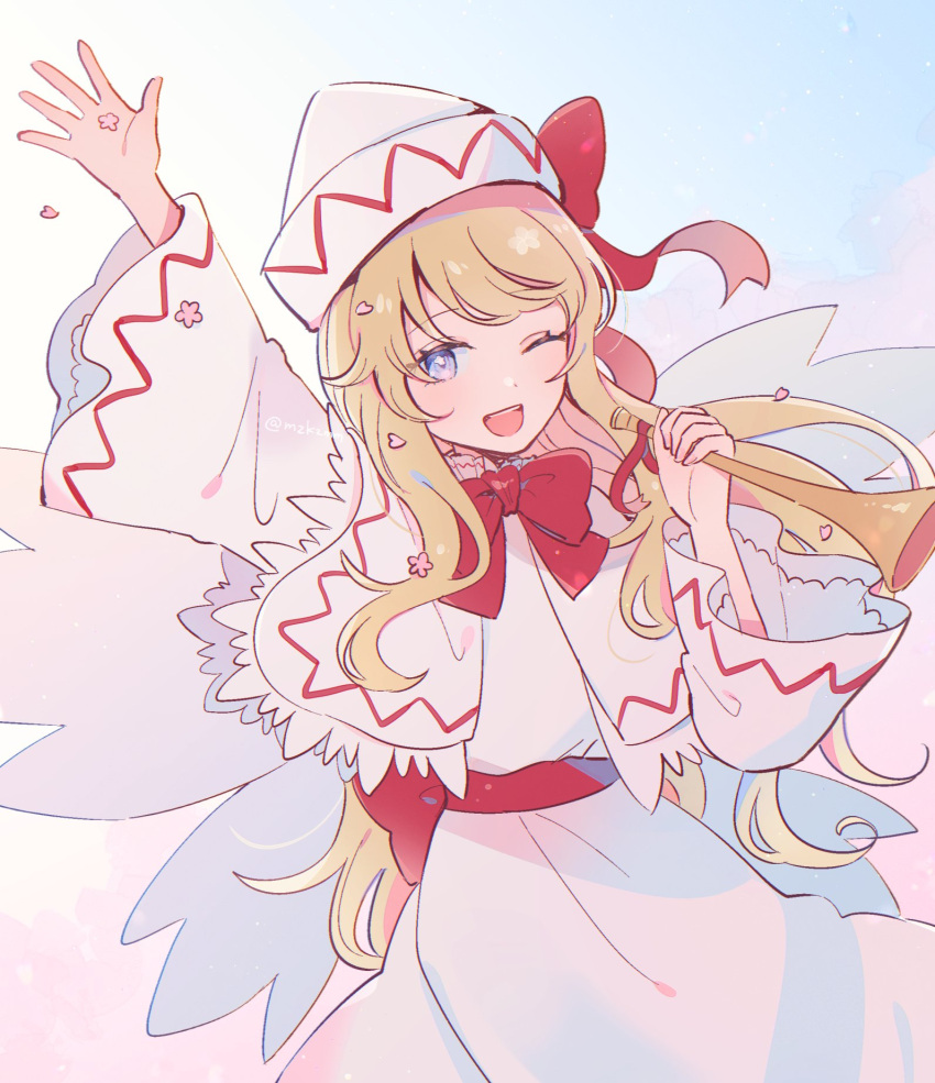 1girl blonde_hair blue_eyes blush capelet dress fairy fairy_wings hat highres holding holding_instrument instrument lily_white long_hair long_sleeves mozukuzu_(manukedori) one_eye_closed open_mouth petals smile solo touhou upper_body white_capelet white_dress white_headwear wide_sleeves wings