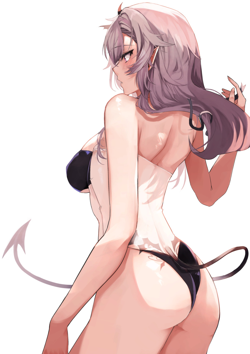 1girl absurdres ass back bare_shoulders black_tail blush commission covered_navel covered_nipples demon_girl demon_tail eyebrows_visible_through_hair fingernails grey_background grey_hair gris_swimsuit highres long_fingernails meme_attire original parted_lips pointy_ears see-through simple_background single_bare_shoulder skeb_commission skindentation solo swimsuit tail takena-c tattoo untying violet_eyes