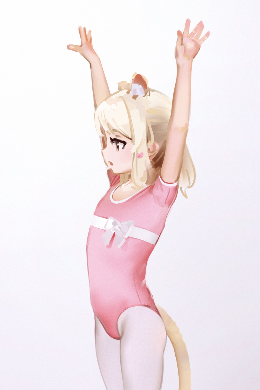 1girl absurdres animal_ear_fluff animal_ears arms_up athletic_leotard ballerina ballet blonde_hair borrowed_character bow brown_eyes cat_ears cat_girl cat_tail caucasian crotch flat_chest hair_bow highres leotard open_mouth original pantyhose parfait_(hawawa) pink_leotard ribbon short_hair short_sleeves short_twintails sidelocks simple_background solo sweetonedollar tail thighs twintails white_background white_legwear