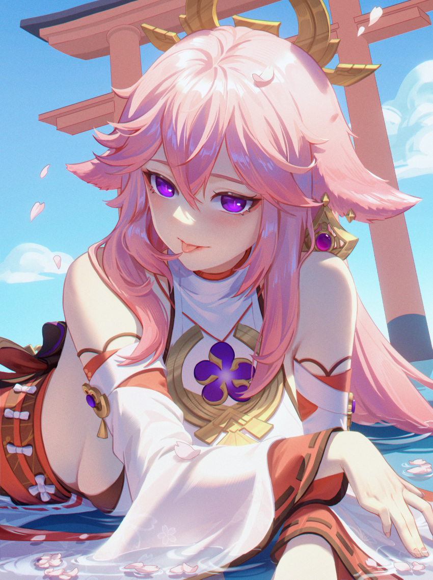 1girl :p absurdres animal_ears bare_shoulders blue_sky breasts fox_ears genshin_impact hair_between_eyes hair_ornament highres japanese_clothes large_breasts long_hair long_sleeves lying naglus nontraditional_miko on_stomach petals pink_hair sideboob sky solo tongue tongue_out violet_eyes water wide_sleeves yae_miko