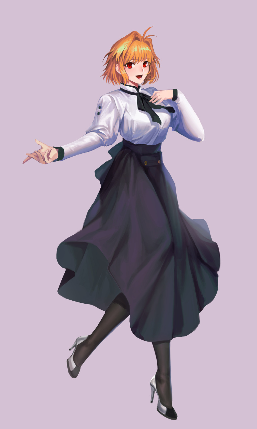 1girl :d absurdres arcueid_brunestud bangs black_legwear blunt_bangs commentary_request dress eyebrows_visible_through_hair frilled_dress frills full_body hand_on_own_chest high-waist_skirt high_heels highres long_sleeves looking_at_viewer lower_teeth on_(isk1812) open_mouth orange_hair pink_background puffy_sleeves red_eyes short_hair simple_background skirt smile solo standing standing_on_one_leg teeth tsukihime type-moon white_sleeves