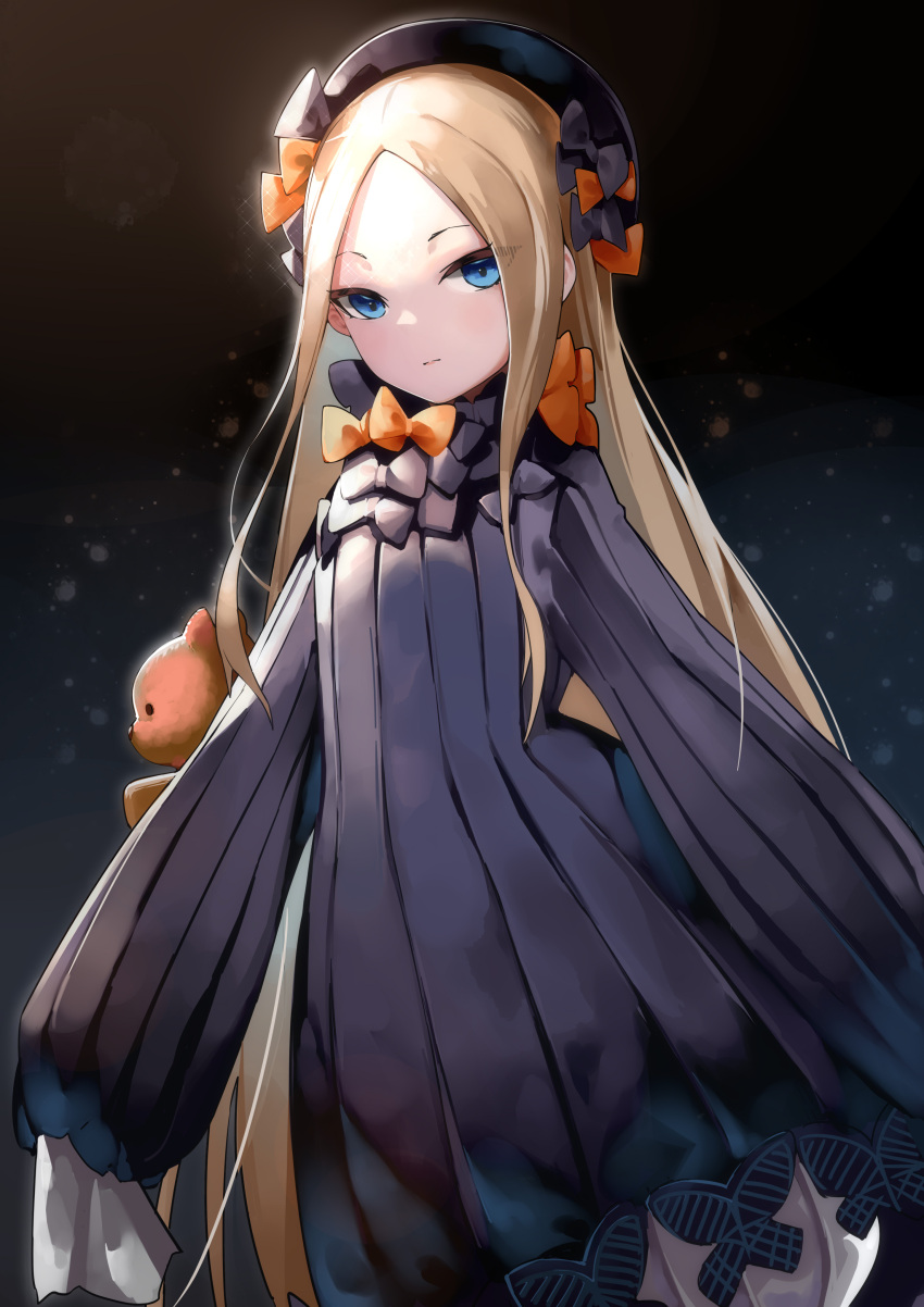 1girl abigail_williams_(fate) absurdres bangs black_bow black_dress black_headwear blonde_hair bloomers blue_eyes blush bow breasts dress fate/grand_order fate_(series) forehead hair_bow hat highres long_hair long_sleeves looking_at_viewer multiple_bows orange_bow parted_bangs polka_dot polka_dot_bow ribbed_dress sleeves_past_fingers sleeves_past_wrists small_breasts sparkle stuffed_animal stuffed_toy teddy_bear this-is-mo underwear white_bloomers