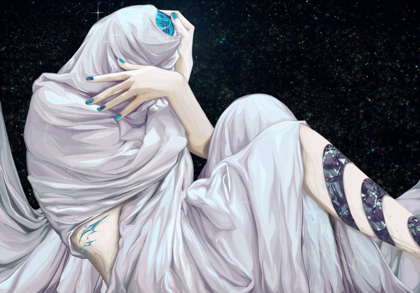 1other aqua_hair aqua_nails black_background blanket commentary_request covered_face crystal crystal_hair cuts feet_out_of_frame hand_on_own_head hands_up highres houseki_no_kuni injury knees_up light_particles other_focus phosphophyllite quanxiahanyan self_hug sitting solo sparkle striped under_covers